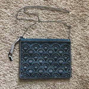 Beaded clutch purse with chain strap, steel gray